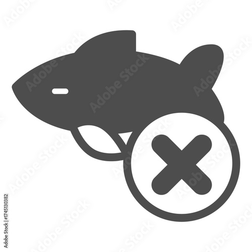Fishing ban solid icon, seafood concept. Vector graphics. Fish with close button, forbidden item sign on white background, glyph style icon for mobile or web design.