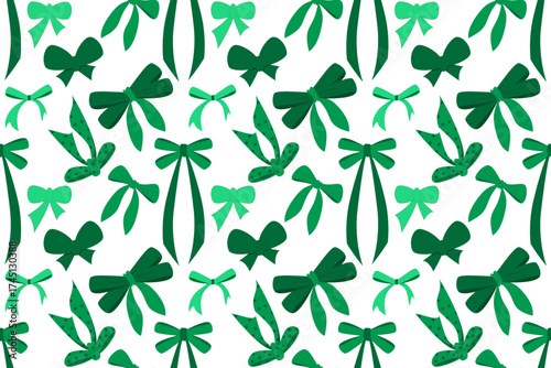 Cheerful seamless pattern of a scattered mix of various stylized bows and long ribbons in a monochromatic green palette, perfect for St. Patrick's Day, Spring, or fresh nature designs.