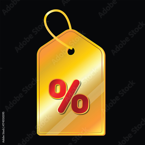 Golden sale tag, red percent sign, retail discount label, shiny price tag vector, elegant design