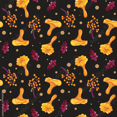 Fall botanical repeat, mushroom and berry vector texture, decorative autumn elements, seamless dark back pattern