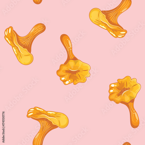 Wild mushroom pattern, pink backdrop, autumnal chanterelle texture, seamless design for textiles or wrapping