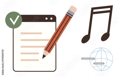 Notebook with pencil, music note, checkmark, and globe lines illustrating creativity, productivity, and communication. Ideal for education, journalism, media arts online platforms collaboration