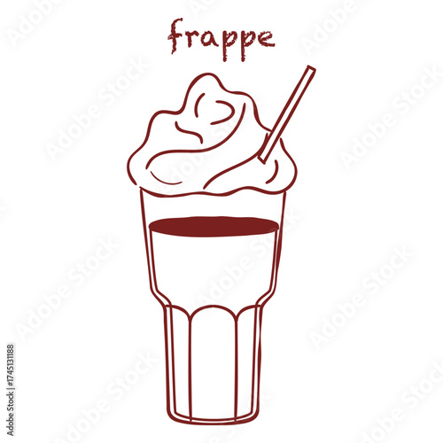 Minimal line drawing of frappe, whipped topping, beverage cup, modern coffee bar menu, brown outline style.