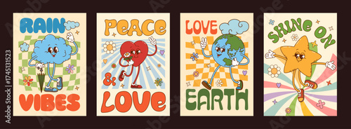 Cartoon retro groovy character posters, cute hippie peace, love and good vibe vector personages. Happy y2k Earth planet, heart, sun and cloud character posters on groovy psychedelic pattern background