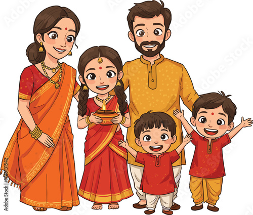 Indian family celebration, traditional attire, cultural festival, Diwali illustration, joyful gathering, saree and kurta, festive lamp, heritage art, family tradition,