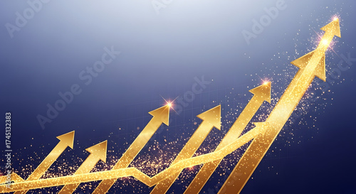 Golden arrows pointing upwards with shimmering particles on a gradient blue background design