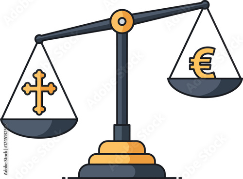 Scales weighing Christian cross and Euro symbol