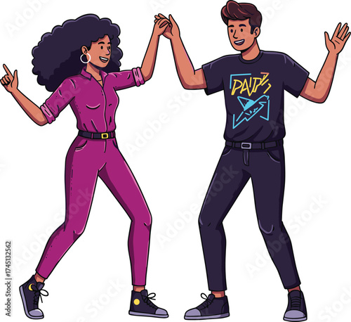 Dancing friends, cartoon characters, party celebration, joyful movement, energetic pose, fun lifestyle, social interaction, music dance, happy expression, youth culture,