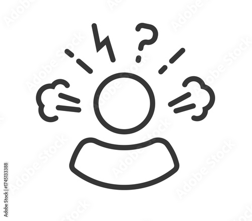 Angry hate mad character person in stress icon simple line stroke outline graphic illustration, man in unhappy rage tension mood pictogram logo sign symbol, anxiety negative emotion thin linear