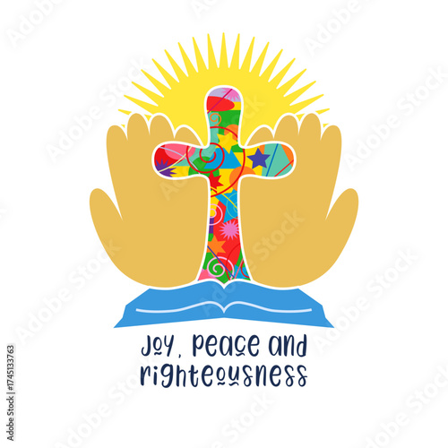 Christian logo concept. Creative cross with open book and open hands, colorful pattern with isolated clipping mask. Church ministry symbol. Charitable organization identity icon template.