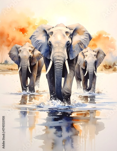 Watercolor painting of elephants in a body of water