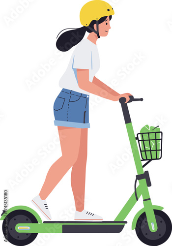 Electric scooter, eco transport, modern mobility, green lifestyle, urban commuting, sustainable travel, safety helmet, delivery basket, clean energy, city ride,