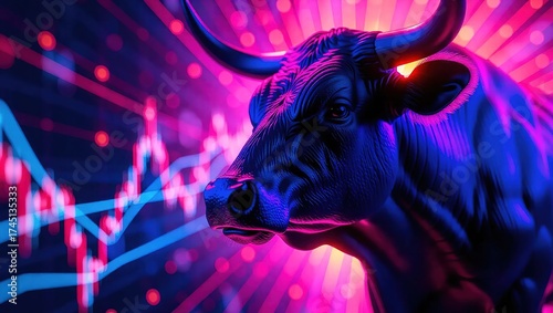 Bull Market in Neon Hues - A Dynamic Representation of Financial Growth and Investment Trends.