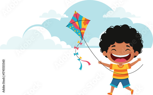 Child flying kite, outdoor fun, cartoon illustration, joyful expression, colorful sky, playful activity, happy childhood, summer breeze, lifestyle art,