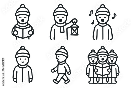 Holiday joy with friends singing carols and celebrating winter. Set of 6 black Christmas icons