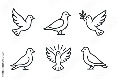 Six bird designs showcase symbols of peace and freedom. Set of 6 black Christmas icons
