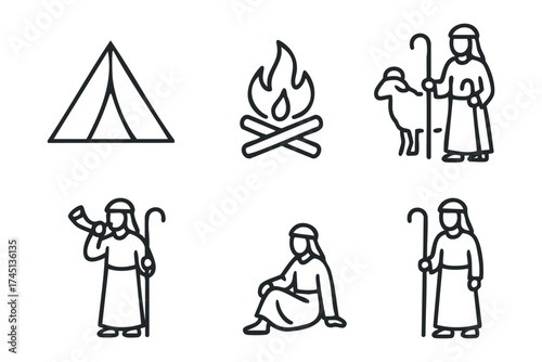 Campfire gathering with shepherds and outdoor fun. Set of 6 black Christmas icons