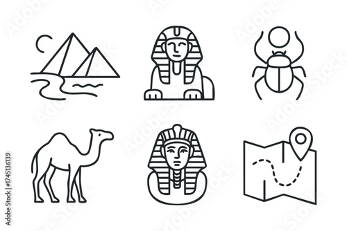 Ancient Egyptian symbols and landmarks for cultural design. Set of 6 black Christmas icons
