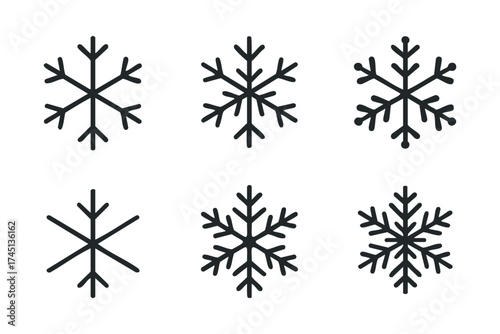 Unique snowflake designs for winter decorations and crafts. Set of 6 black Christmas icons