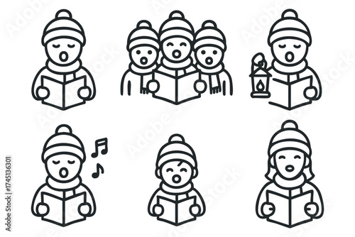 Joyful winter carolers sharing holiday spirit in warm attire. Set of 6 black Christmas icons