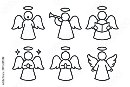 Six angelic figures with different activities and poses for design use. Set of 6 black Christmas icons