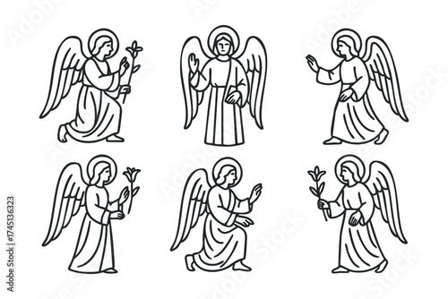 Angelic figures expressing peace and kindness in simple design. Set of 6 black Christmas icons
