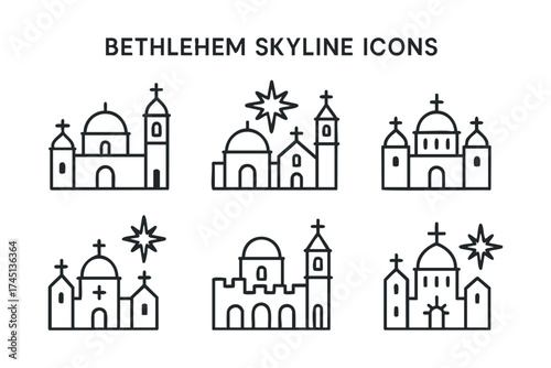 Religious architectural designs of Bethlehem skyline icons. Set of 6 black Christmas icons