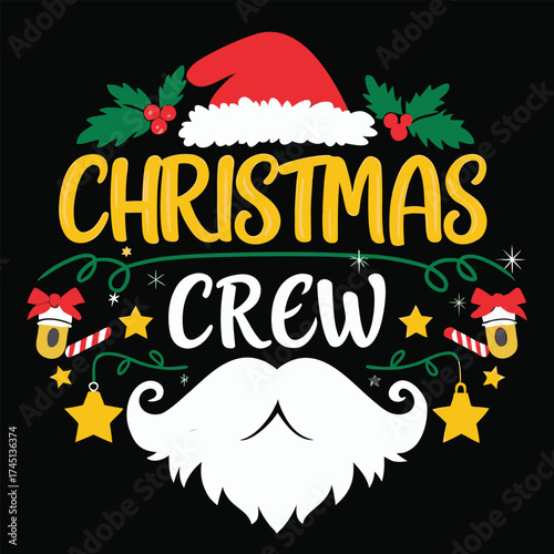 Festive Christmas Crew Design with Santa Hat and Beard Illustration