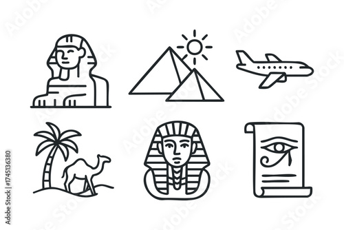 Egyptian landmarks and symbols for travel and adventure design. Set of 6 black Christmas icons
