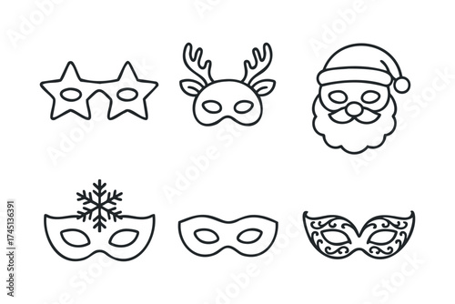 Festive masks for holiday celebrations and themed events. Set of 6 black Christmas icons