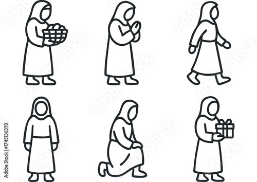 Woman carrying basket and gifts during festival celebration activities. Set of 6 black Christmas icons