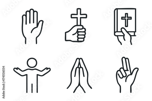 Gesture of faith and spirituality in various forms and symbols. Set of 6 black Christmas icons
