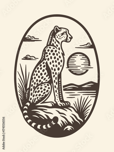 Cheetah sitting in sunset scene engraving style vector illustration