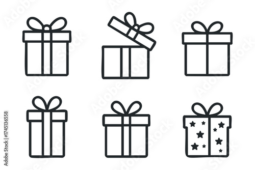 Various designs of gift boxes for celebration and occasion. Set of 6 black Christmas icons