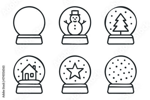 Winter wonderland snow globe designs for festive decoration. Set of 6 black Christmas icons