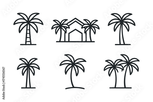 Tropical paradise elements with palm trees and a house design. Set of 6 black Christmas icons