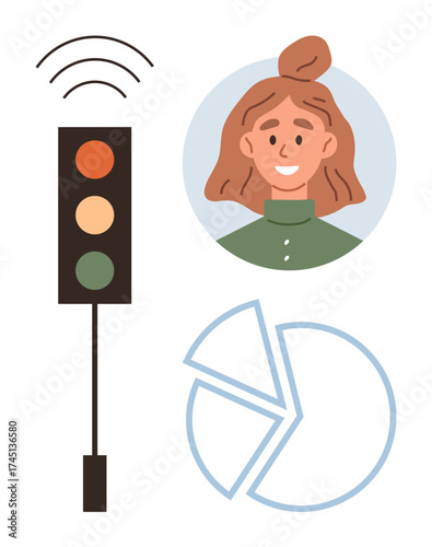 Traffic light with signals, woman portrait in a circle, and segmented pie chart. Ideal for decision-making, guidance, analysis, teamwork, strategy progress education. Simple flat metaphor