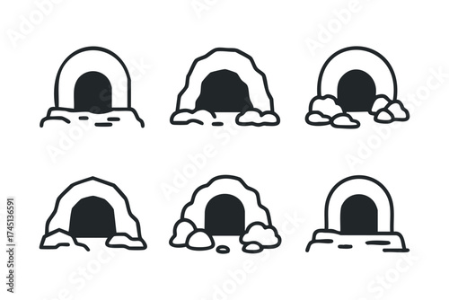 Cave entrance illustrations for design and creative projects. Set of 6 black Christmas icons