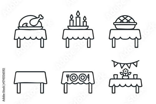 Festive dining setup with turkey, candles, and dessert for celebration. Set of 6 black Christmas icons