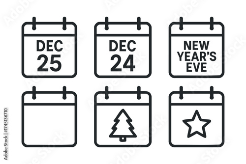 Upcoming holidays on a calendar with festive dates and symbols. Set of 6 black Christmas icons