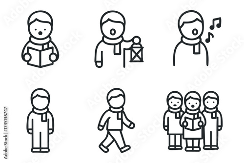 Holiday caroling concept with cheerful singers in winter attire. Set of 6 black Christmas icons