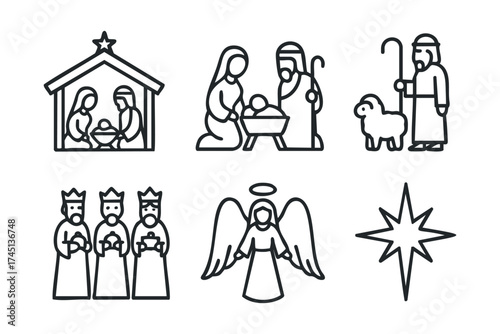 Nativity scene celebration for Christmas holiday themed designs. Set of 6 black Christmas icons