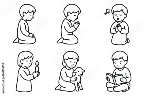 Kids in worship activities, illustrated in line art style. Set of 6 black Christmas icons