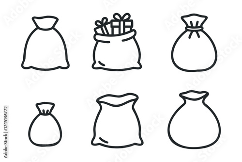 Different types of bags with gifts and empty sacks for various uses. Set of 6 black Christmas icons