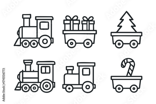 Festive train with gifts and holiday tree for celebrations. Set of 6 black Christmas icons