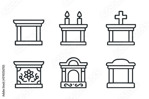 Decorative memorial designs for remembrance and tribute. Set of 6 black Christmas icons