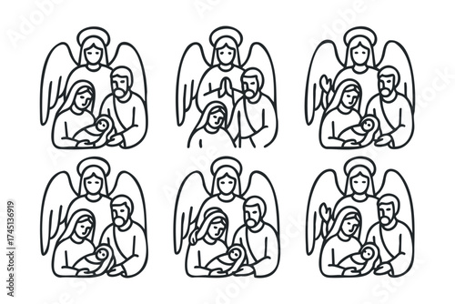 Nativity scene depiction with angels and family in celebration. Set of 6 black Christmas icons