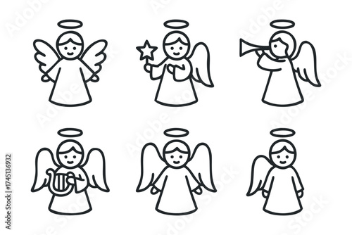 Angel characters engaging in various activities for festive occasions. Set of 6 black Christmas icons