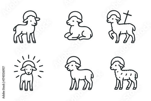 Cute lamb illustrations for Easter celebration card design. Set of 6 black Christmas icons