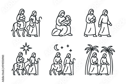 Journey of Mary and Joseph with baby Jesus in the Nativity story. Set of 6 black Christmas icons